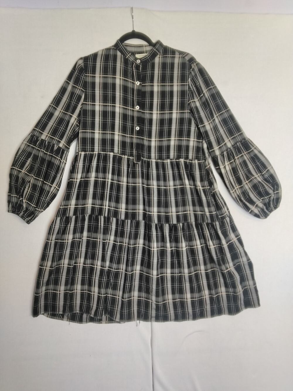 Max Studio Plaid Bishop Sleeve Tiered Mini Dress Sz S Cottage Prairie Western